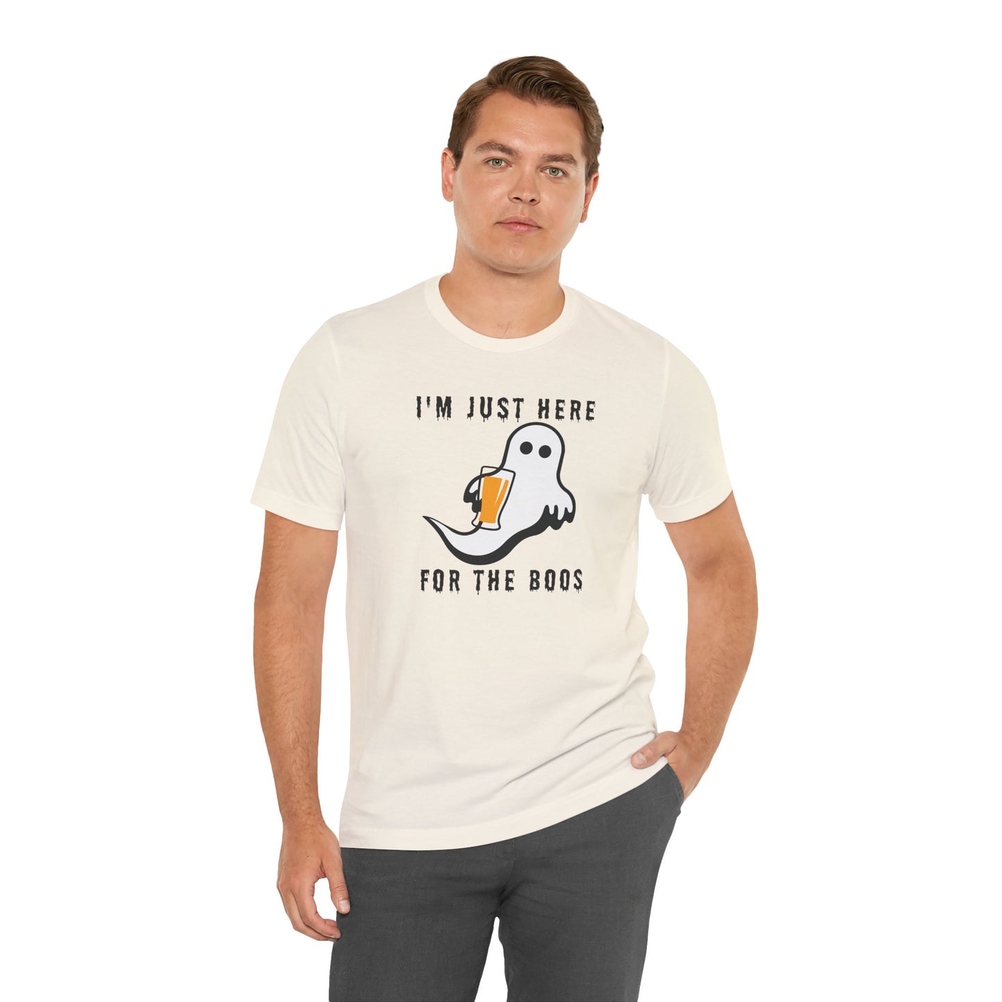 Funny Halloween T-Shirt – Just Here for the Boos (Ghost with Beer or Martini)