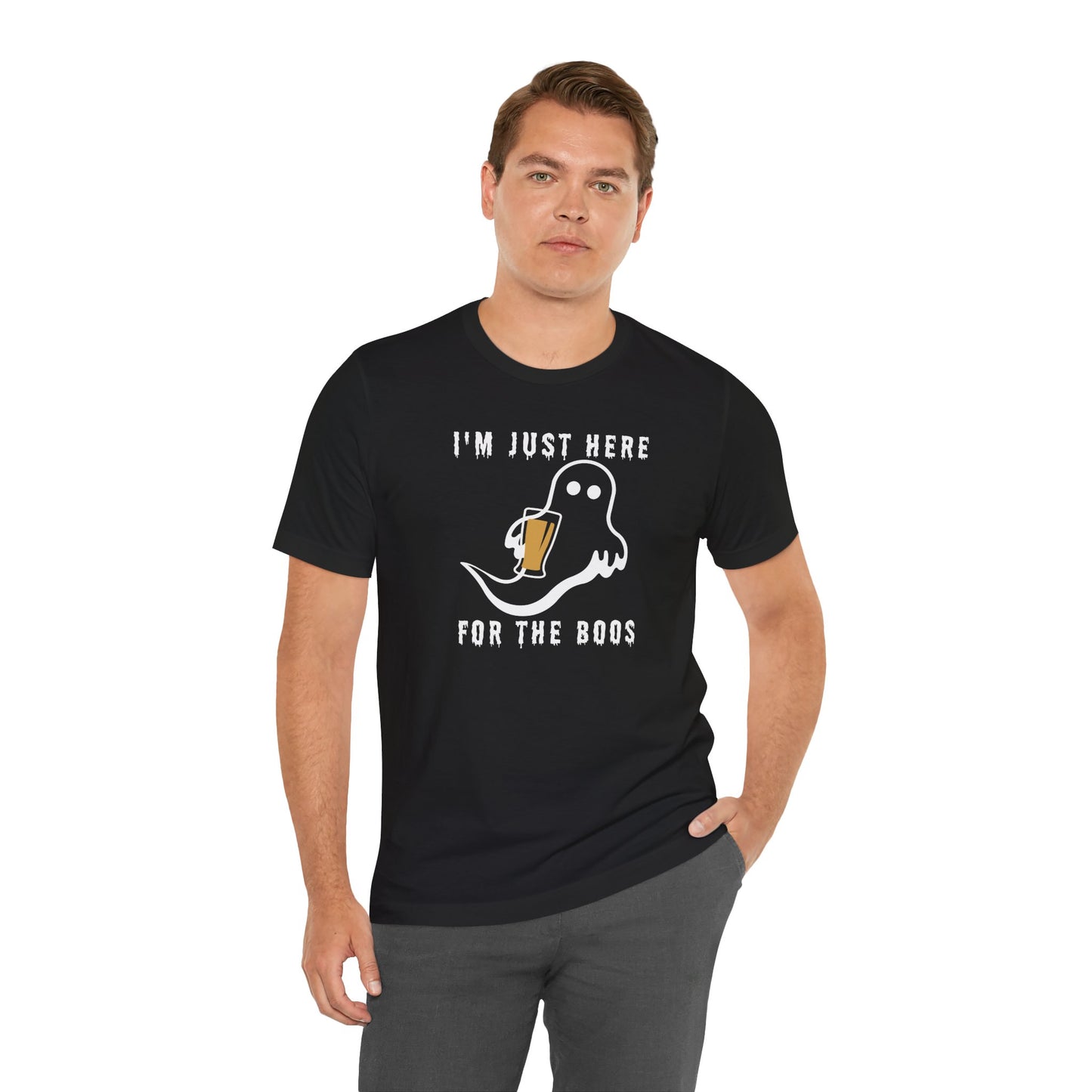 Funny Halloween T-Shirt – Just Here for the Boos (Ghost with Beer or Martini)