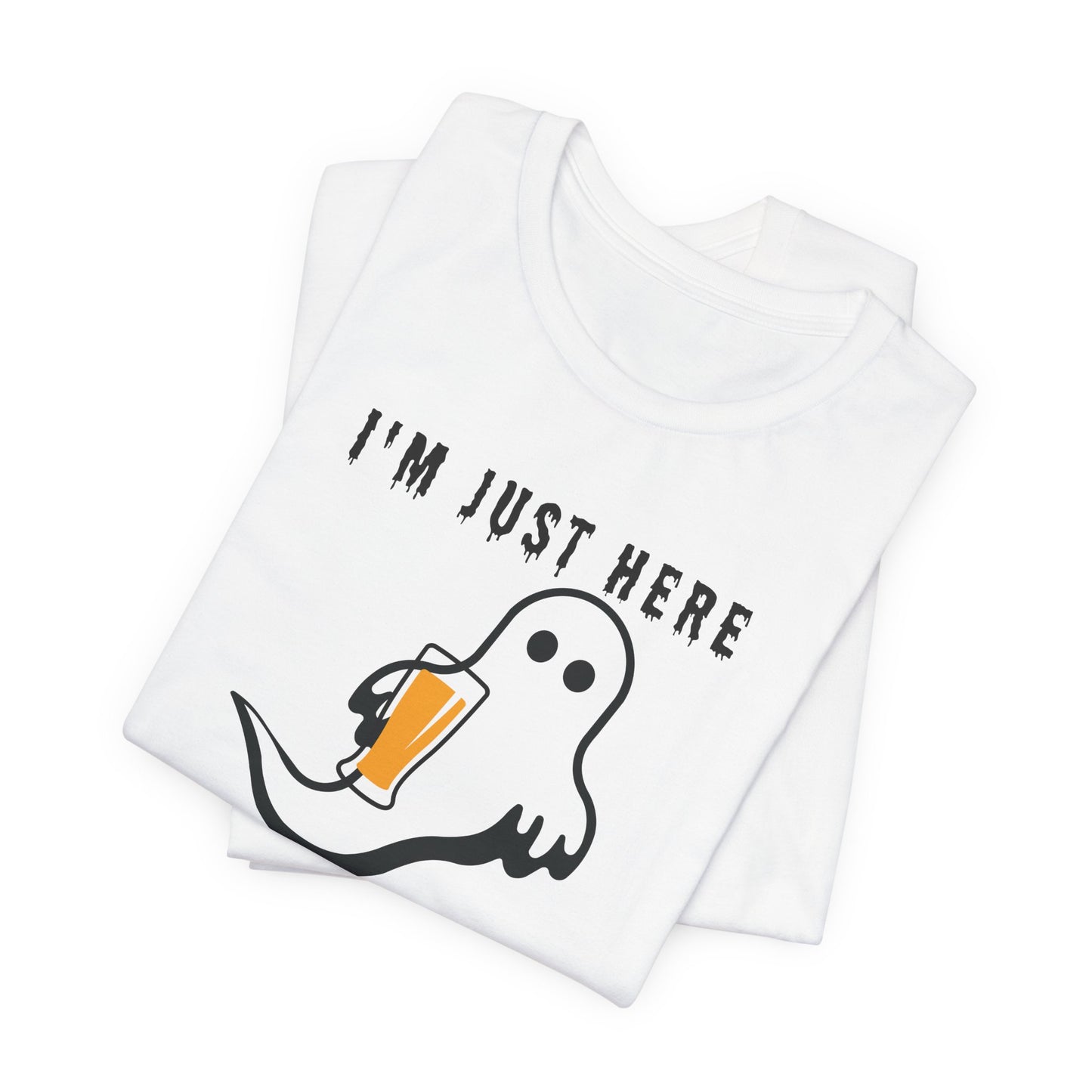Funny Halloween T-Shirt – Just Here for the Boos (Ghost with Beer or Martini)