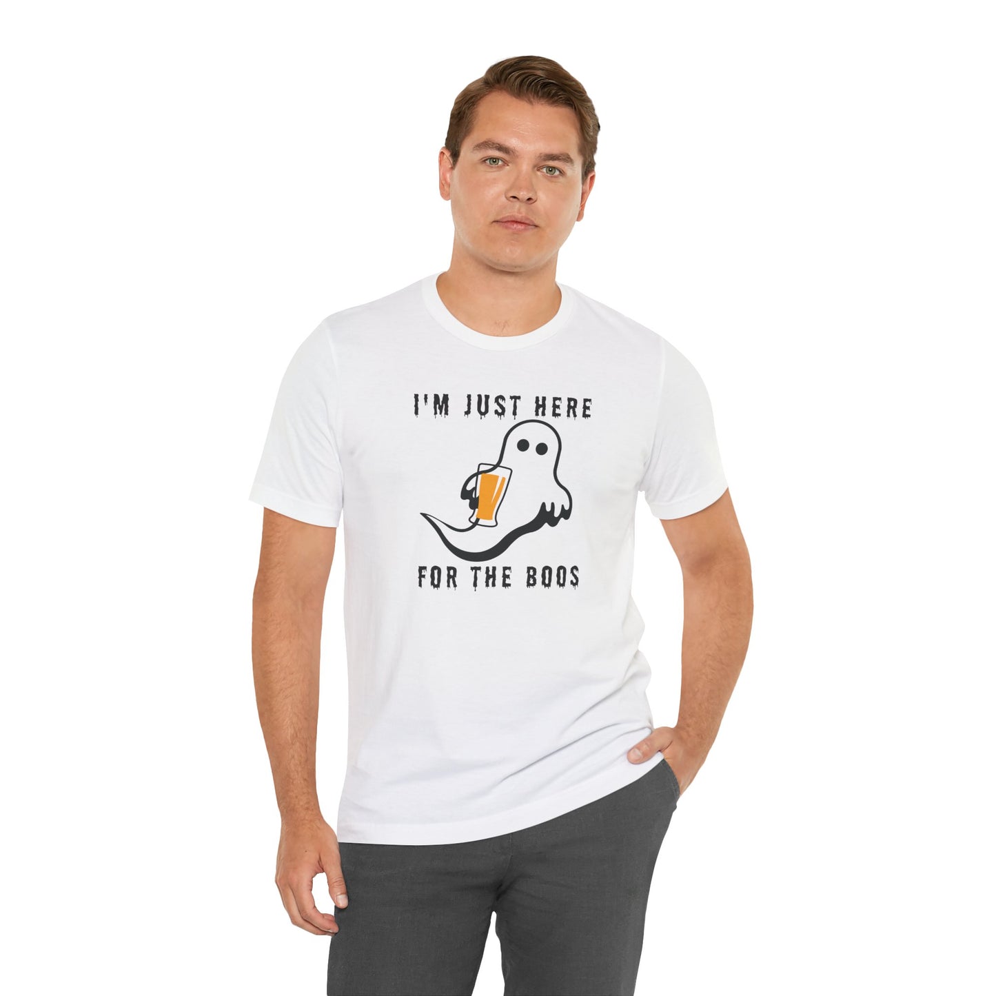 Funny Halloween T-Shirt – Just Here for the Boos (Ghost with Beer or Martini)