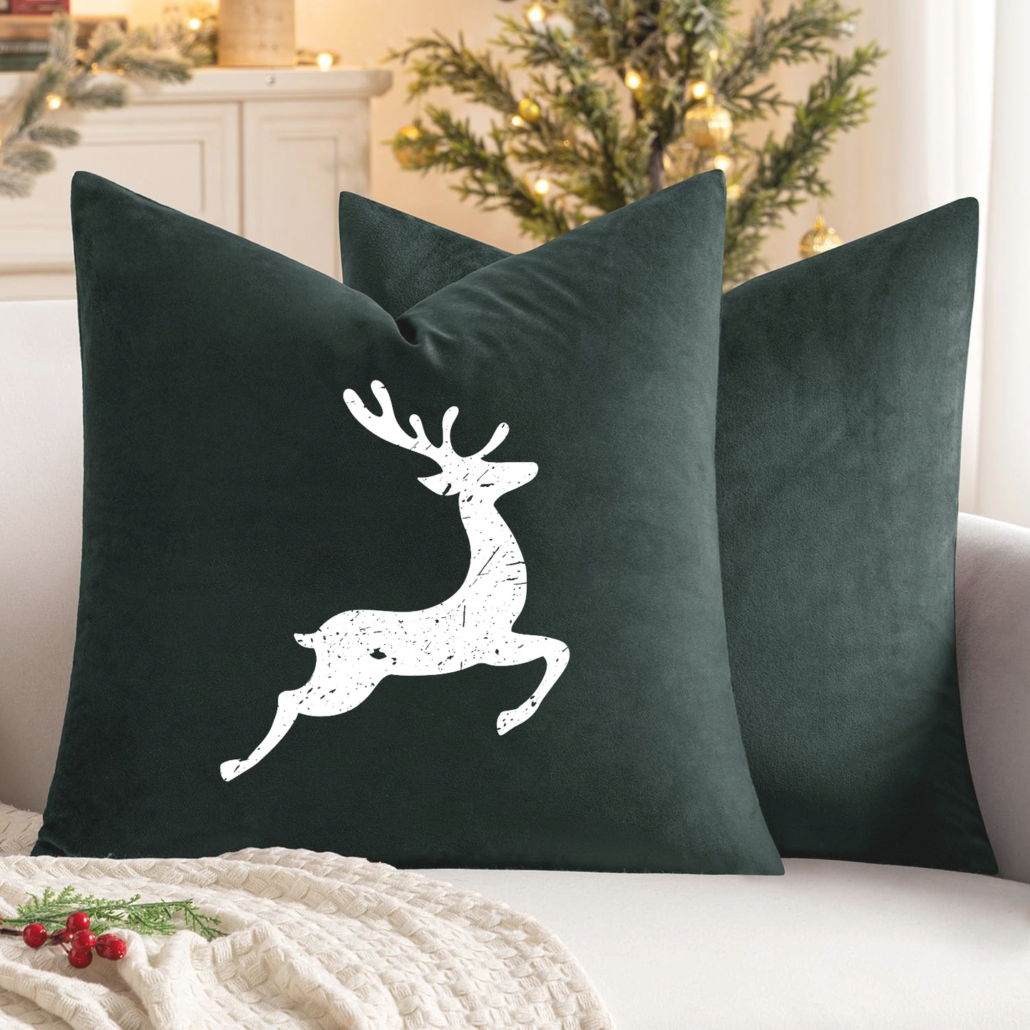 Christmas Reindeer Velvet Throw Pillow Covers - Optional Pillow Inserts