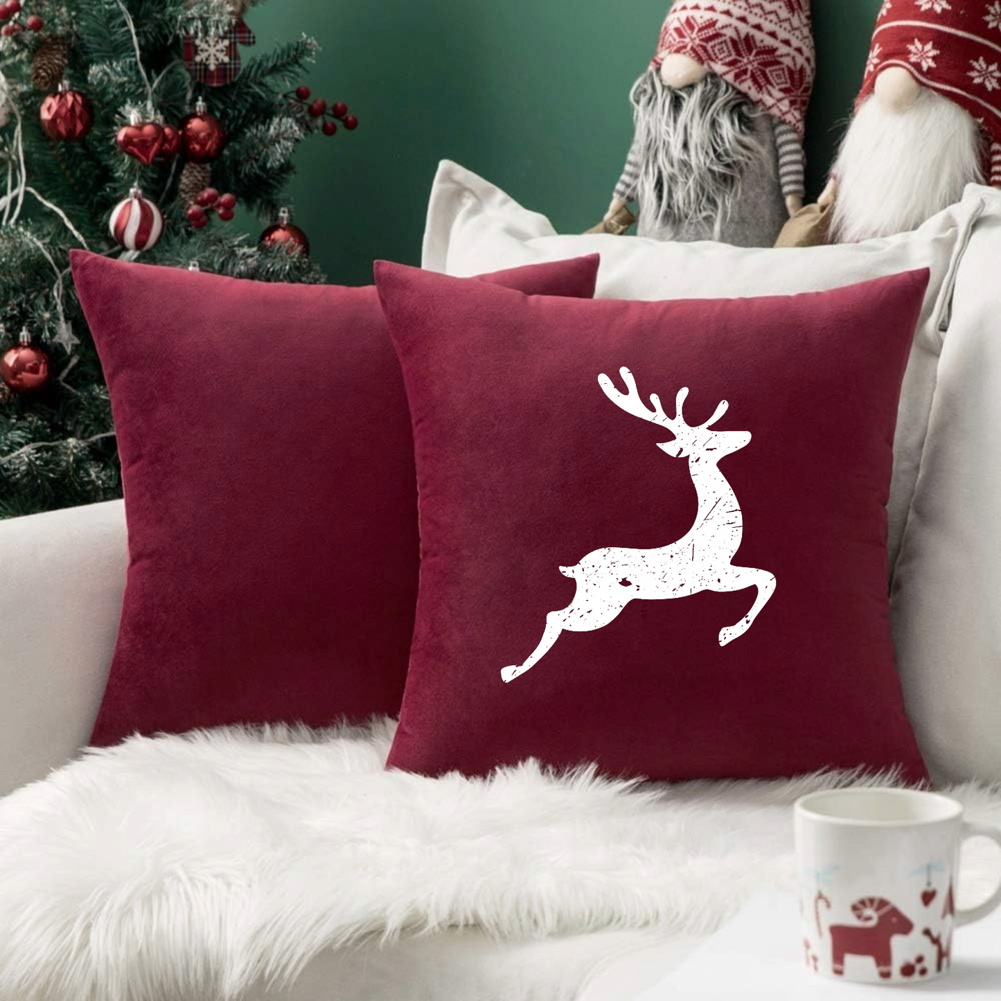 Christmas Reindeer Velvet Throw Pillow Covers - Optional Pillow Inserts