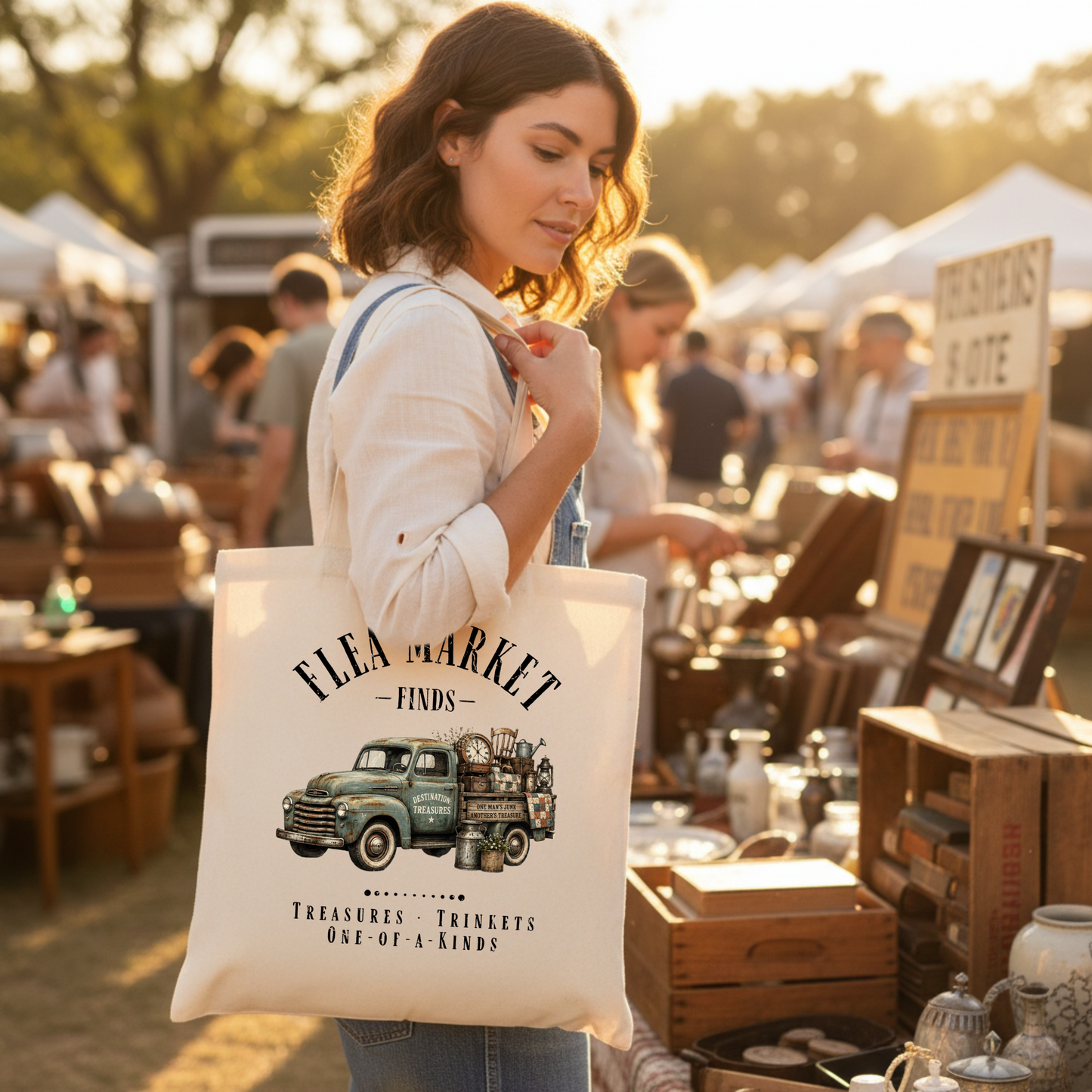 Flea Market Finds Vintage Truck Canvas Tote Bag, Antique Lover Market Bag