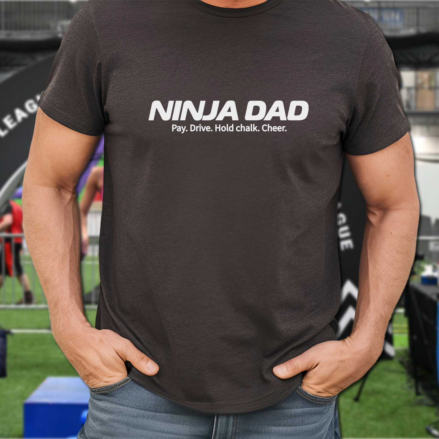 Ninja Dad T-Shirt – “Pay, Drive, Hold Chalk, Cheer” Funny Ninja Warrior Dad Shirt