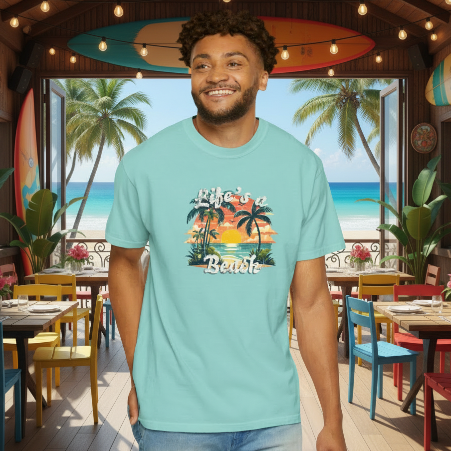 Life’s a Beach Unisex Graphic T-Shirt - Retro Tropical Sunset Tee