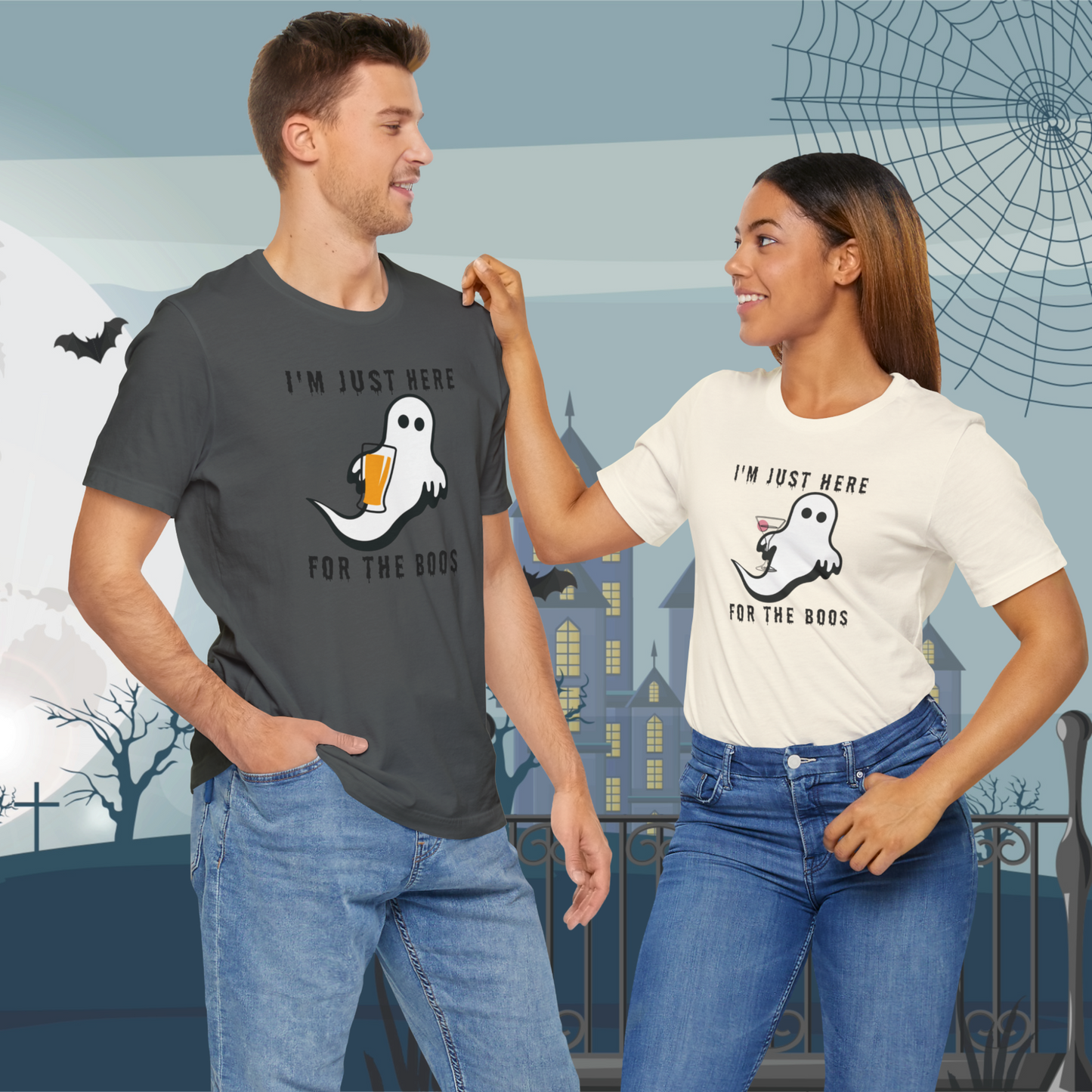Funny Halloween T-Shirt – Just Here for the Boos (Ghost with Beer or Martini)