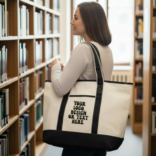 Large Custom Natural/Black Canvas Tote Bag – Add Your Text, Design, or Logo