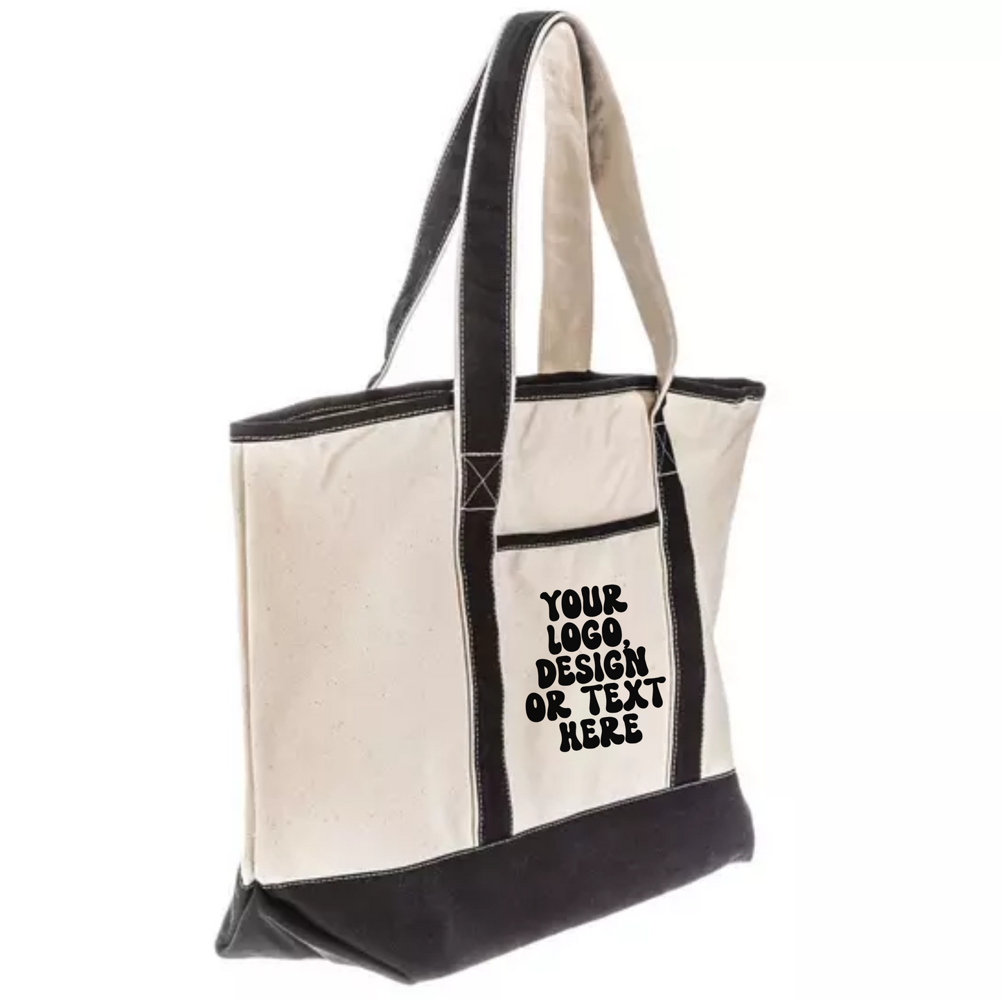 Large Custom Natural/Black Canvas Tote Bag – Add Your Text, Design, or Logo