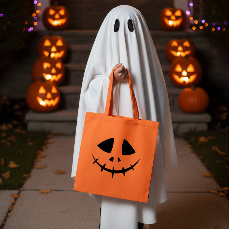 Halloween Trick or Treat Tote Bag - Pumpkin Faces Candy Bag