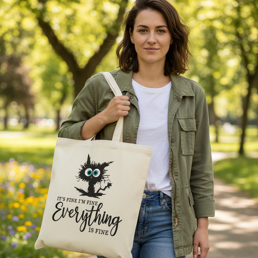 It’s Fine I’m Fine Everything is Fine Tote Bag – Funny Crazy Cat Canvas Tote