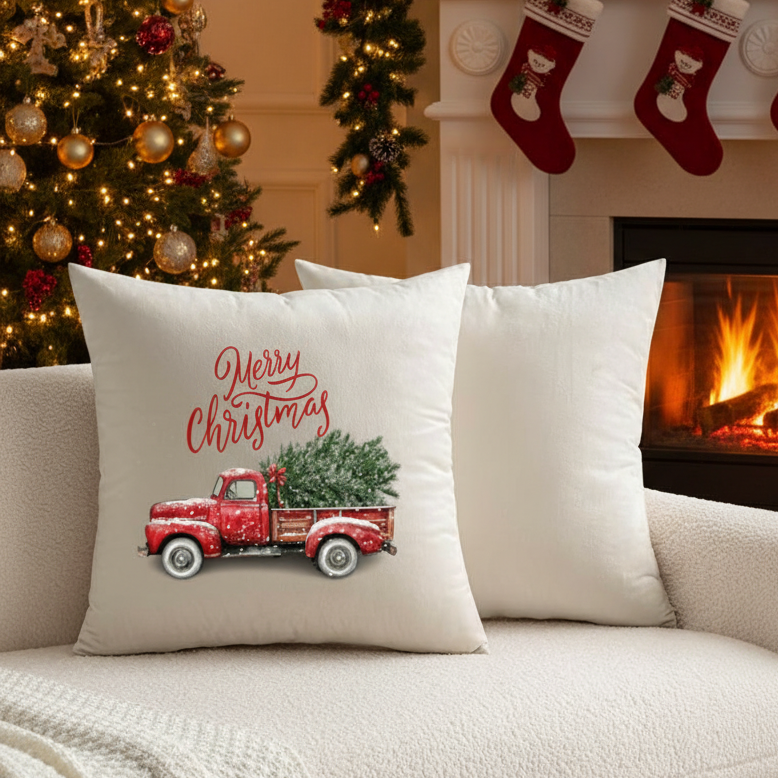 Merry Christmas Red Truck Velvet Throw Pillow Cover